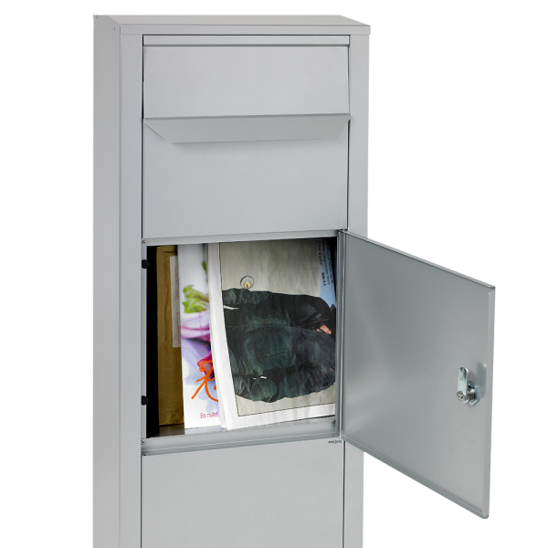 Paketbriefkasten Mefa Rowan 471 in Weißaluminium RAL 9006 Entnahme von vorne